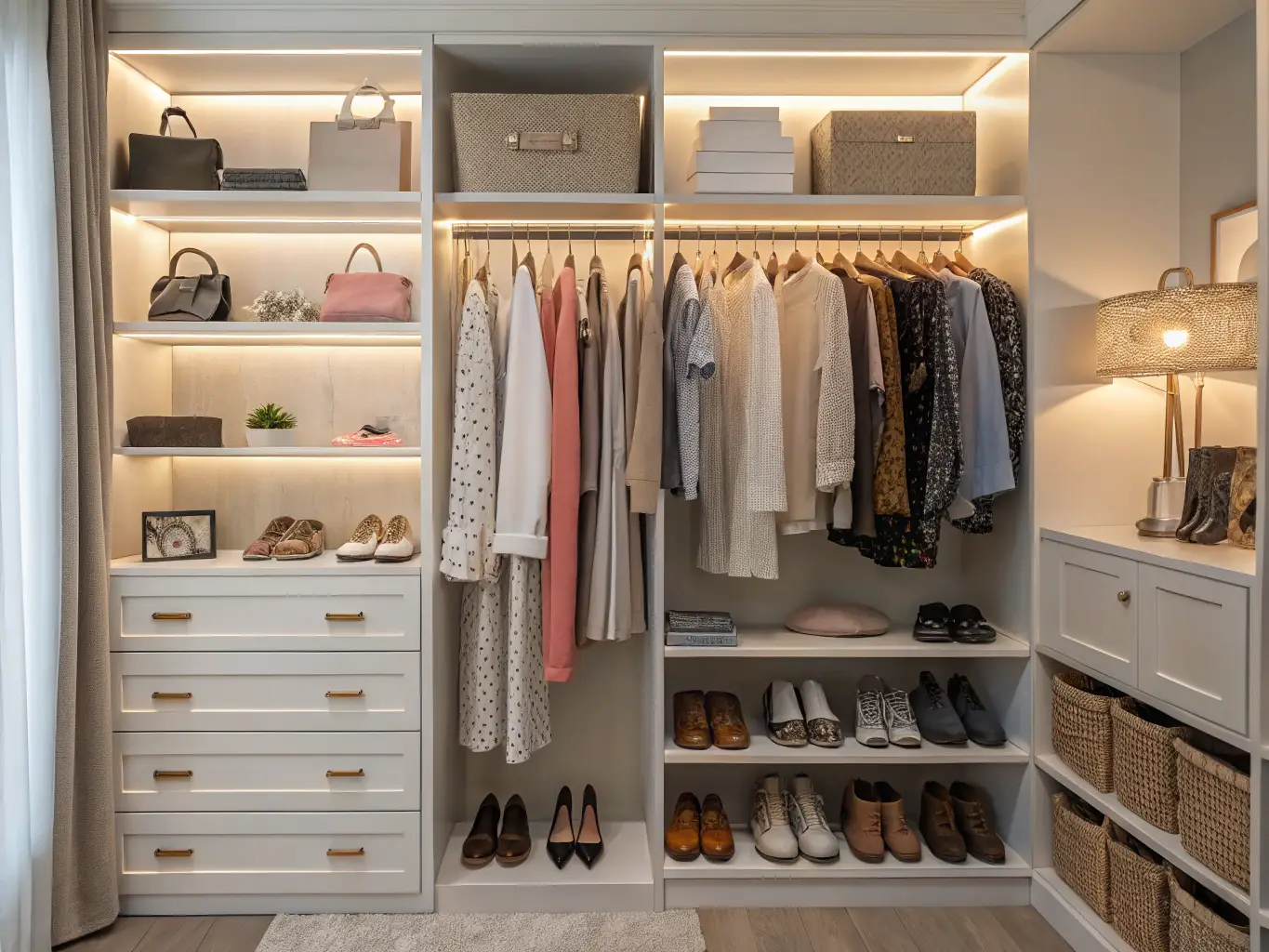 A professional organizer arranging neatly stacked shelves and labeled storage boxes in a modern, elegant home, representing the Organizational Home Care service.