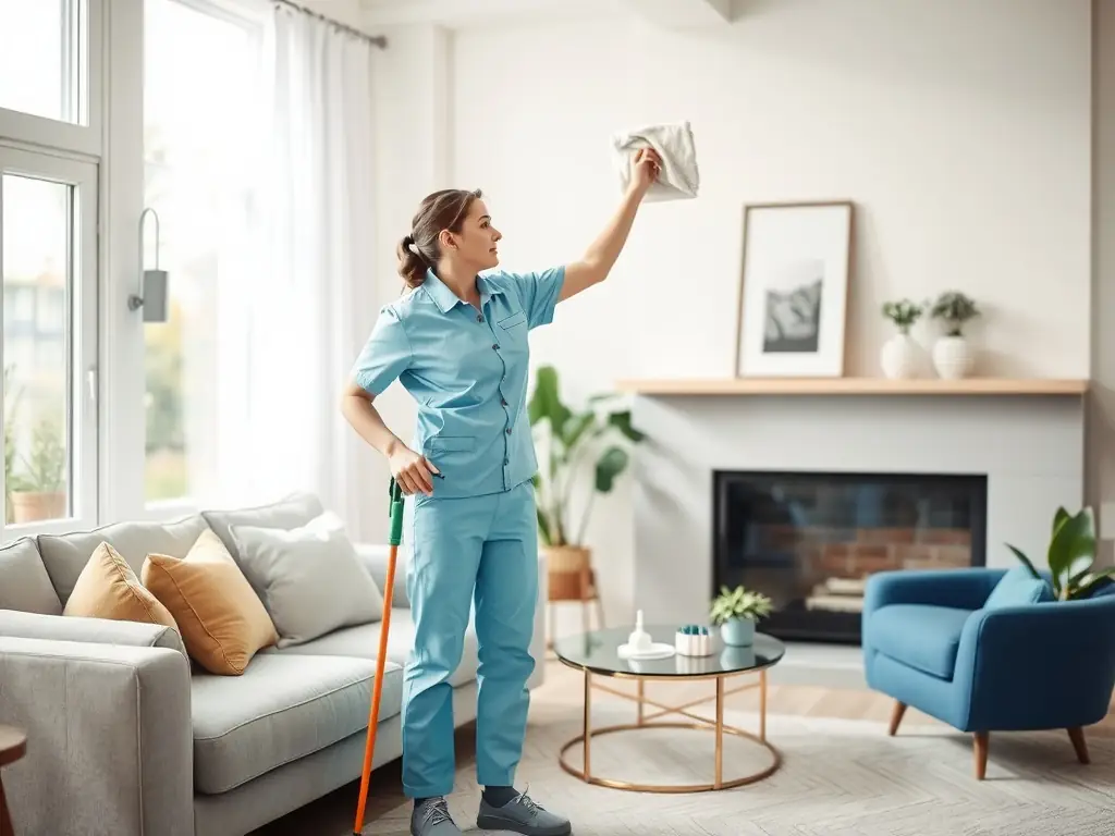 A professional cleaner meticulously dusting and vacuuming a luxurious living room with sunlight streaming through large windows, showcasing the Residential Deep Cleaning service.