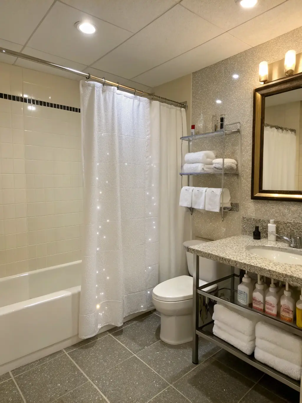 A luxurious bathroom with gleaming fixtures, spotless mirrors, and perfectly folded towels, showcasing Aetheria Housekeeping's meticulous bathroom cleaning service.