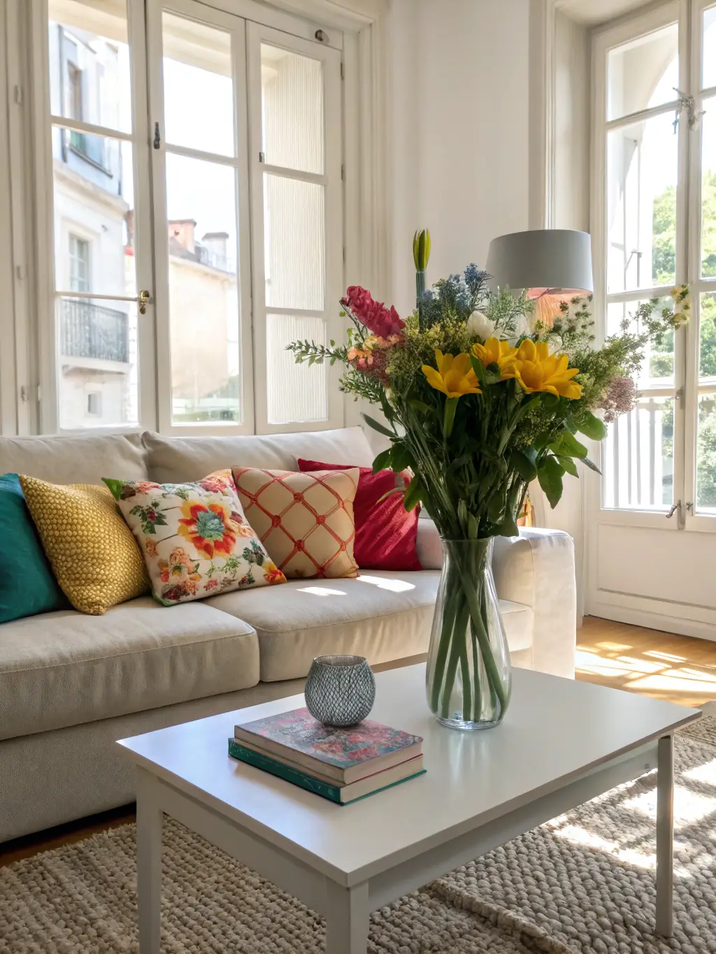 A brightly lit living room with perfectly arranged furniture, a spotless rug, and dust-free surfaces, reflecting Aetheria Housekeeping's commitment to immaculate living spaces.