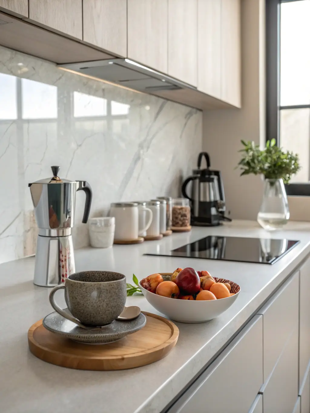 A high-resolution image depicting a sparkling clean kitchen counter with organized utensils and a vase of fresh flowers, showcasing Aetheria Housekeeping's attention to detail in kitchen cleaning.