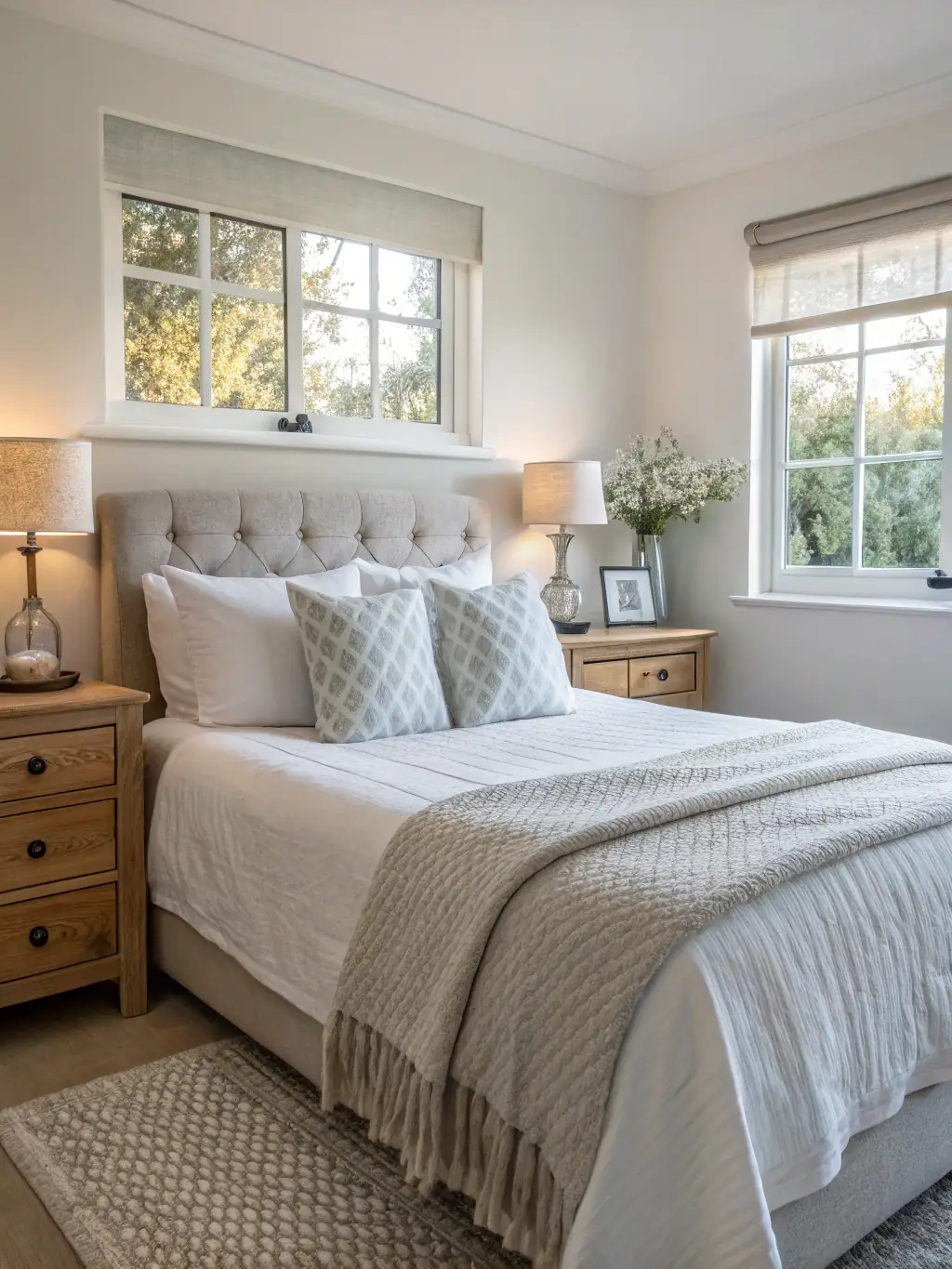 A serene and organized bedroom with freshly made bed, neatly arranged pillows, and a clutter-free nightstand, highlighting Aetheria Housekeeping's organizational home care service.